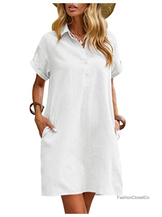 Dresses & Skirts - Women's Cotton Shift Dress with Pockets Button Down Short Sleeve Casual